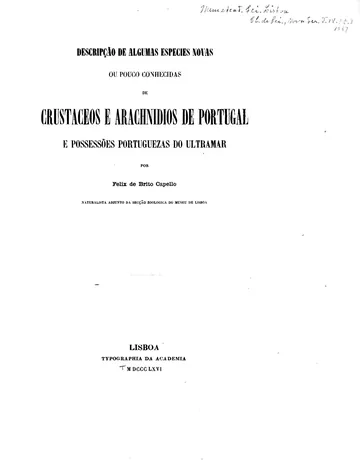 Descripção de algumas especies novas ou pouco conhecidas de crustaceos e arachnidios de Portugal e possessões portuguezas do ultramar de Felix Antonio de Brito Capello, couverture du livre