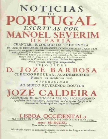 Noticias de Portugal de Manoel Severim de Faria, capa do livro