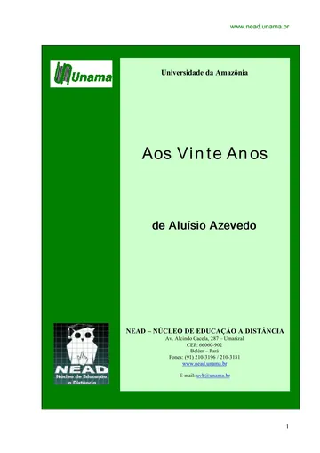 Aos Vinte Anos de Aluísio Azevedo, capa do livro